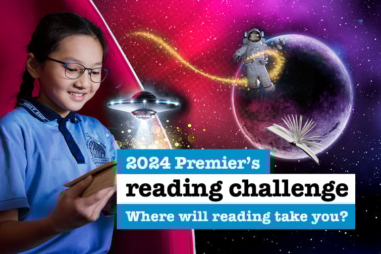 The Premier's Reading Challenge event image of a girl reading a book with astronauts in the background.