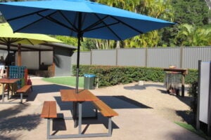 Picnic tables and umbrellas at Amaze World.