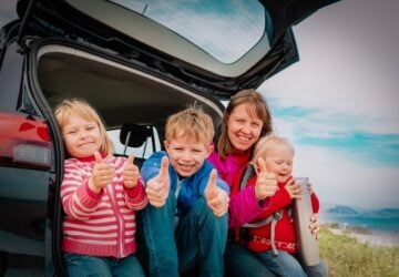 family at beach in winter.