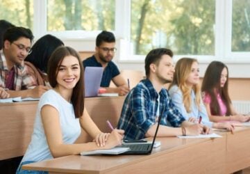 Students at desks in a lecture