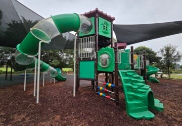 Play fort partially covered by shade sails in Blatchford Reserve in Murrumba Downs.