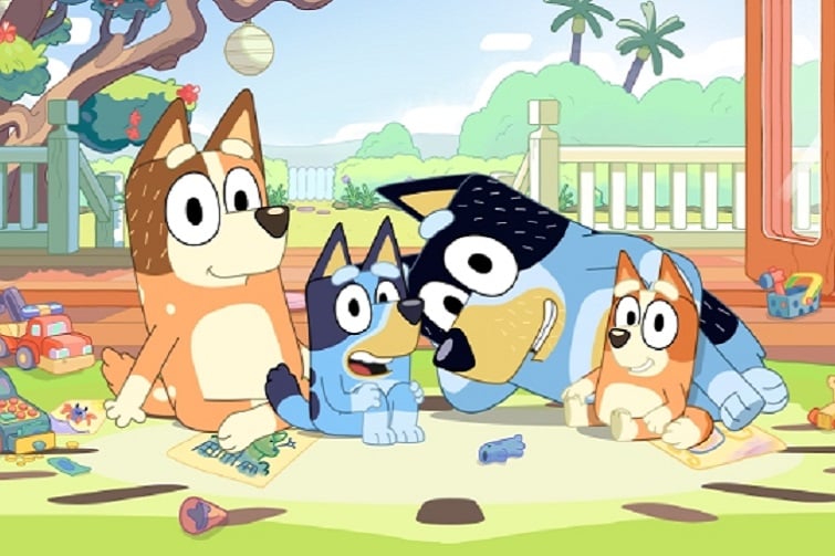 Image of bluey, bingo, mum and dad from Bluey episode.