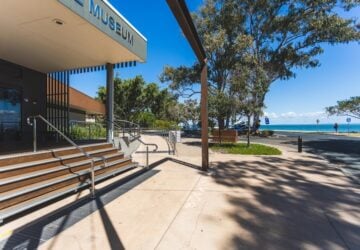 Bribie Island Seaside Museum external view with ocean.