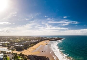Aerial drone view of Bargara beach and surrounding area, Queensland, Australia