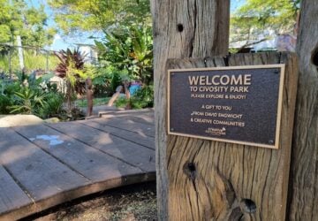 A welcome sign at Civosity Park.