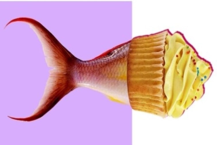 Fish bowl event image of fish tail and cupcake head.