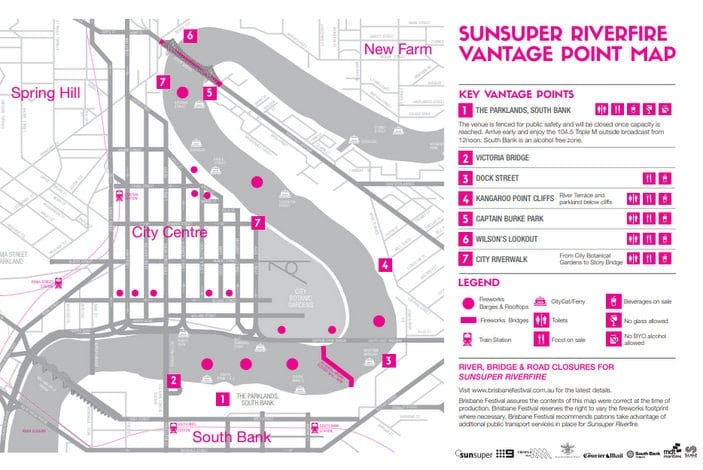 Map showing Brisbane city centre and where fireworks will take place at Riverfire