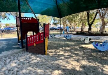 Pirate ship play structure and sand play area at George Clayton Park.