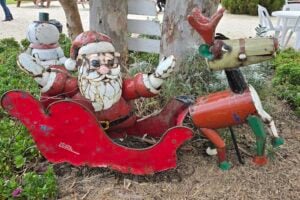 Christmas decorations in the garden at Granite Belt Christmas Farm.