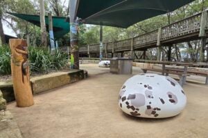 Egg sculptures and totem poles at Osprey House.