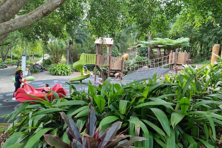 Playground surrounded by gardens at Roma Street Parklands.