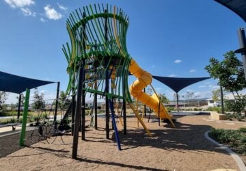 Main play tower and tunnel slide at Sunshine Park.