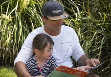 Man and Child Reading Book