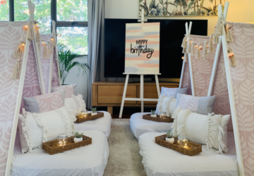 Teepee Fun And Dreams Boho themed birthday teepee slumber party set up.